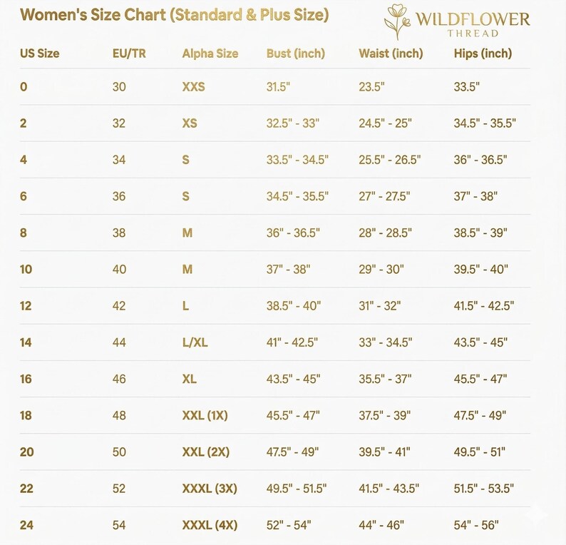 May include: A women's size chart with measurements in inches for bust, waist, and hips. Includes US, EU/TR, and Alpha sizes, ranging from size 0 to 24. The Wildflower Thread logo is at the top right.