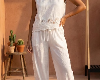 White Lace Pants Set | Boho Vacation Two Piece | Summer and Spring Gift For Her