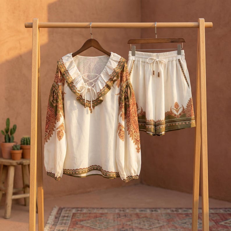 Boho Linen Shorts Set | Beaded Tencel Blouse Outfit | Summer and Spring Gift For Her image 7