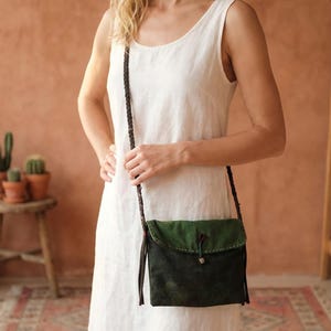 Handmade Green Crossbody Bag | Boho Patchwork Cotton Purse | Cottagecore Gift for Her