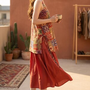 Boho Print Tencel Slip Dress | Artistic Vintage Midi | Travel Gift For Her Red