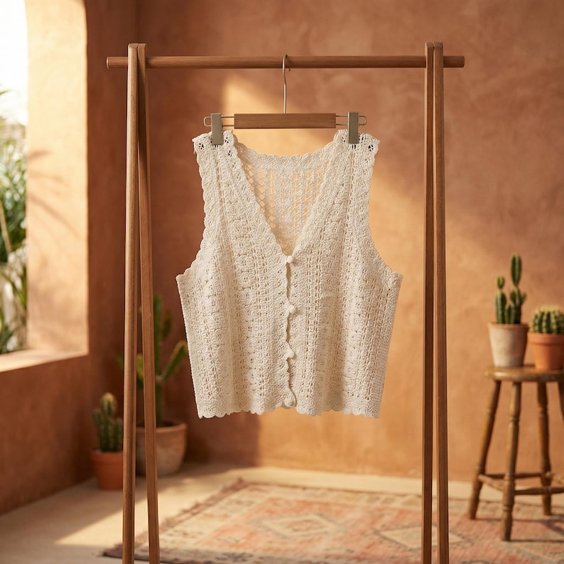 May include: A cream-colored, sleeveless crochet vest with a V-neck and button closure. The vest is hanging on a wooden clothing rack. The background features a rug, a window, and potted plants, creating a warm, inviting atmosphere.