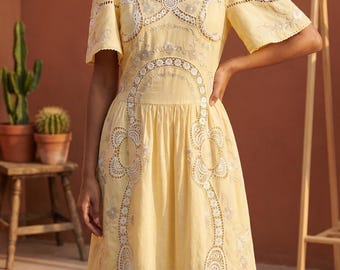 French Embroidered Linen Dress | Retro Bell Sleeve Midi | Summer and Spring Gift Her