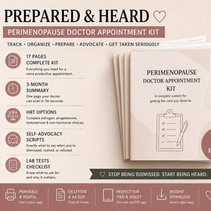 Könnte beinhalten: Ein Perimenopause-Arzttermin-Kit mit 17 Seiten, das zur Organisation, Vorbereitung und zum Eintreten für eine bessere Gesundheitsversorgung dient. Das Kit enthält eine 3-Monats-Zusammenfassung, HRT-Optionen, Selbstvertretungsskripte und eine Checkliste für Labortests.