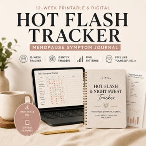 Könnte beinhalten: Ein 12-Wochen-Hot-Flash-Tracker-Journal, druckbar und digital. Das Cover lautet "Hot Flash & Night Sweat Tracker" und "Menopause Symptom Journal". Enthält einen Laptop, ein Notizbuch, einen Stift und eine Tasse.