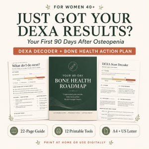 May include: A digital guide titled Your 90-Day Bone Health Roadmap, featuring a central dark green cover and two side pages titled What do I do next? and DEXA Scan Decoder. The text includes information for women 40+ regarding osteopenia, bone health, and actionable steps. Includes 22 pages, 12 printable tools, and is available in A4 and US Letter sizes for home printing or digital use.