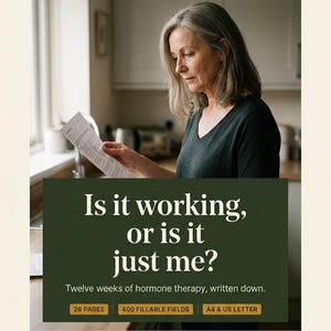 May include: A digital document titled Hormone Therapy: The First 12 Weeks, featuring the text Is it working, or is it just me? Twelve weeks of hormone therapy, written down. It includes 26 pages, 400 fillable fields, and is available in A4 and US Letter.