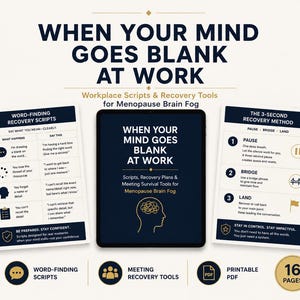 Könnte beinhalten: Ein digitaler Leitfaden mit dem Titel When Your Mind Goes Blank At Work, bestehend aus zwei Dokumenten mit Wortfindungs-Skripten und der 3-Sekunden-Erholungsmethode bei menopausaler Gehirnnebel, bereitgestellt als druckbares 16-seitiges PDF.