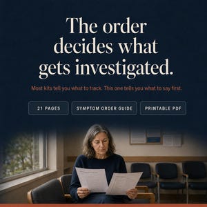 May include: A Perimenopause Doctor Visit Kit featuring 21 pages, a symptom order guide, and a printable PDF. The text reads: The order decides what gets investigated. Most kits tell you what to track. This one tells you what to say first.
