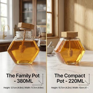 Tarro de miel hexagonal de cristal con tapa y cucharón de madera, tarro de miel geométrico de 220 ml y 380 ml, dispensador de jarabe moderno, juego de regalo de decoración minimalista para la cocina.
