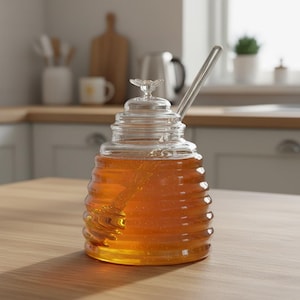 Tarro de miel de cristal con forma de colmena, con cucharón y tapa, decoración de cocina rústica.