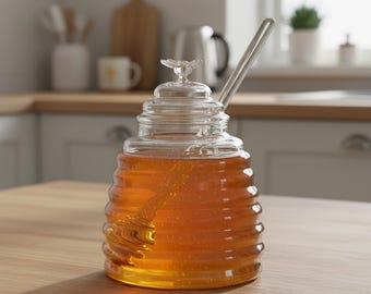 Ensemble cadeau pot de miel ruche en verre, pot de miel avec louche et couvercle en bois, décoration de cuisine de ferme, cadeau de pendaison de crémaillère pour elle