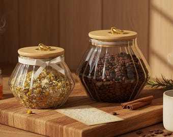 Ribbed Glass Jar with Bamboo Lid and Gold Handle , Airtight Kitchen Canister , Choose 500ml or 600ml,Farmhouse Pantry Storage,Gift for Mom