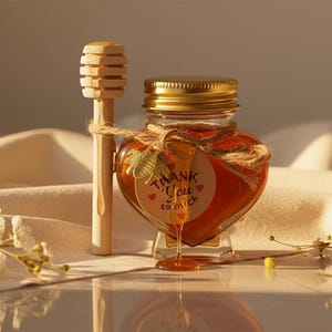 May include: A heart-shaped glass jar filled with honey, topped with a gold lid, and a wooden honey dipper. The jar is adorned with a small tag that reads "Thank You so much". The honey drips down the side. White flowers and a cream-coloured cloth are in the background.