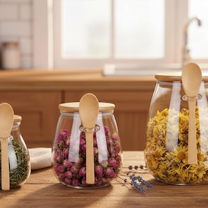 Könnte beinhalten: Drei Gläser mit Holzdeckeln und Löffeln, gefüllt mit getrockneten Kräutern, Rosenknospen und gelben Blüten. Die Gläser stehen auf einer Holzoberfläche, mit Kerzen und einer Küchenkulisse.