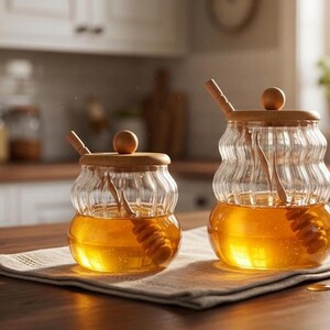 Wavy Glass Honey Jar 330ml 450ml with Wooden Lid & Dipper, Ribbed Honey Pot with Bamboo Tray, Solid Wood Syrup Dispenser, Minimalist Decor