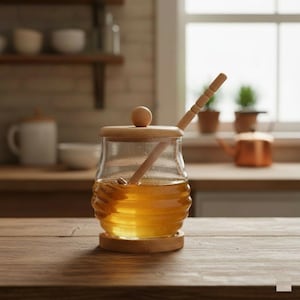 Wide Glass Honey Jar 300ml with Wooden Lid & Dipper, Ribbed Glass Honey Pot with Large Bamboo Tray, Minimalist Syrup Dispenser, Modern Gift