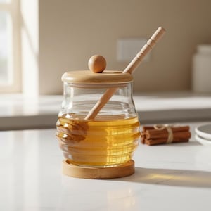 Puede incluir: Un tarro de miel de vidrio transparente con tapa y base de madera, lleno de miel dorada. Un cucharón de miel de madera descansa dentro del tarro. El tarro tiene un diseño acanalado y está sobre una superficie blanca.