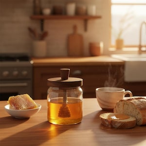 May include: A glass honey jar with a wooden lid and dipper, filled with golden honey. A small white bowl holds a piece of honeycomb. A cup of coffee and a slice of bread with honey are also on the wooden table.