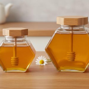 Könnte beinhalten: Zwei sechseckige Honiggläser mit Holzdeckeln und Honigwaben. Die Gläser sind mit goldenem Honig gefüllt. Eine kleine weiße Schale mit Honig, ein Holzlöffel und eine Gänseblümchen liegen auf dem Holztisch.