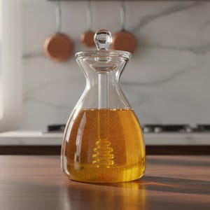 May include: A clear glass honey dispenser with a glass lid and a honey dipper inside. The dispenser is filled with golden honey and sits on a wooden surface. The background includes a kitchen setting with copper pots and a marble countertop.