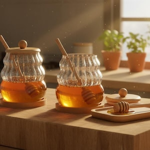 May include: Two glass honey jars with wooden lids and honey dippers on a wooden board. The jars are filled with golden honey. A small wooden tray holds a honey dipper and lid. Kitchen setting.