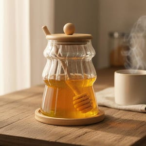 Könnte beinhalten: Ein Honigglas mit Holzdeckel und -löffel steht auf einem Holzuntersetzer. Das Glas ist mit goldenem Honig gefüllt. Eine Tasse dampfenden Tees steht daneben auf einem Holztisch und schafft eine gemütliche Küchenszene.