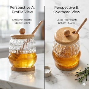 Wavy Glass Honey Jar 330ml 450ml with Wooden Lid & Dipper, Ribbed Honey Pot with Bamboo Tray, Solid Wood Syrup Dispenser, Minimalist Decor