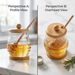 木製蓋とディッパー付きの広口ガラス製ハチミツ瓶（300ml）、大きな竹製トレイ付きのリブ付きガラス製ハチミツポット、ミニマルなシロップディスペンサー、モダンなギフト