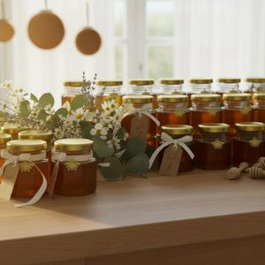 May include: A display of small glass jars filled with honey, each topped with a gold lid and a bee emblem. The jars are adorned with white ribbons and tags, arranged with flowers on a wooden surface.
