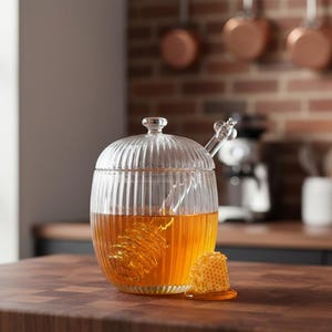 May include: A clear glass honey pot with a lid and a honey dipper. The pot is filled with golden honey and sits on a wooden surface. A piece of honeycomb rests beside the pot. Kitchenware.