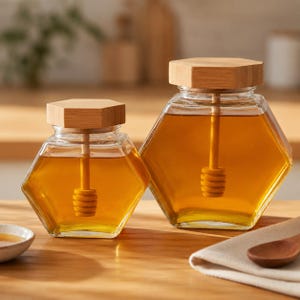 Hexagon Glas Honigglas Geschenkset, geometrischer Honigtopf mit Bambusdeckel & Dipper 220ml 380ml, modernes minimalistisches Küchendekor