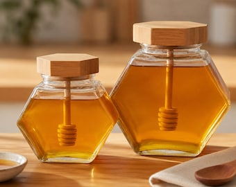 Zestaw prezentowy na słoiki na miód w kształcie sześciokąta, geometryczny pojemnik na miód z bambusową pokrywką i czerpakiem, 220 ml, 380 ml, nowoczesny, minimalistyczny wystrój kuchni