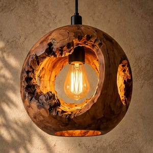 May include: A spherical pendant light fitting crafted from natural wood with a hollowed-out centre. The wood features a dark brown, textured grain with irregular, rugged edges surrounding the opening. A single Edison-style light bulb hangs inside.