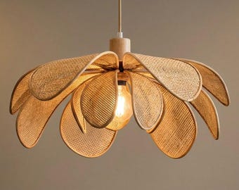 Rattan Flower Pendant Light | Sculptural Woven Chandelier | Natural Boho Ceiling Lamp | Japandi Lighting | Botanical Pendant