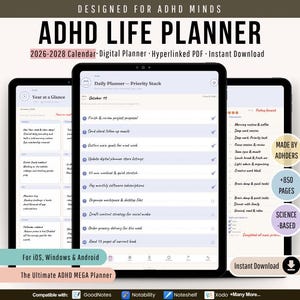 Planner Digitale ADHD | Planner GoodNotes Ipercollegato Senza Date | Giornaliero Settimanale Mensile | iPad Notability Download Digitale