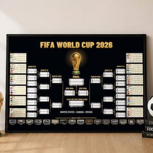 Può includere: Un poster incorniciato con sfondo nero con la scritta "FIFA WORLD CUP 2026" e un trofeo d'oro. Il poster include un tabellone del torneo, con le città ospitanti in basso. Il poster è presentato su una superficie di legno.