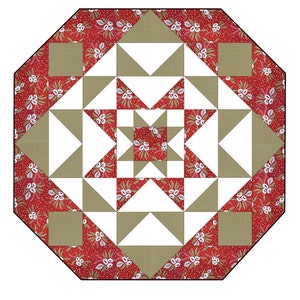 Może przedstawiać: Oktagonalny koc w kolorze czerwonym i białym z wzorem gwiazdy w środku. Koc składa się z trójkątów i kwadratów. Zewnętrzna krawędź to czerwona tkanina z białymi kropkami i zielonymi liśćmi.