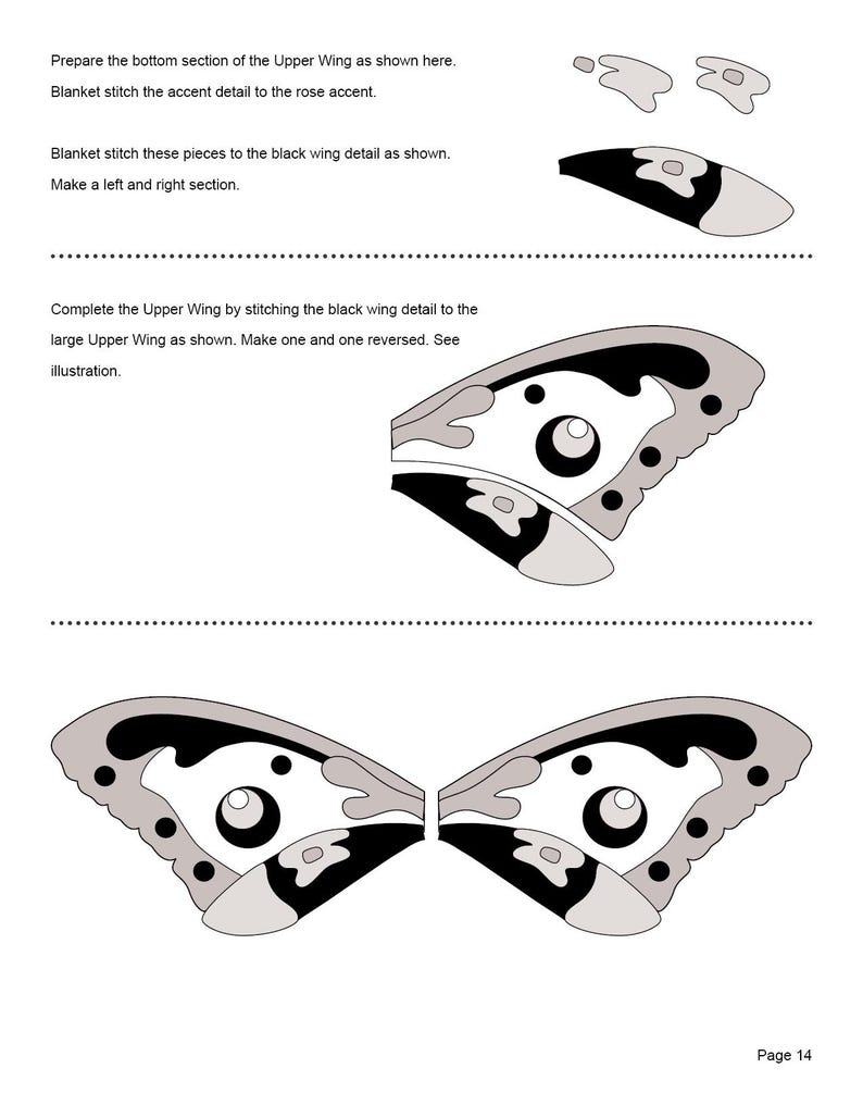 May include: A black and white butterfly wing pattern template for crafting. The template includes two wings, one with a black wing detail and one with a white wing detail. The template is labeled "Page 14".