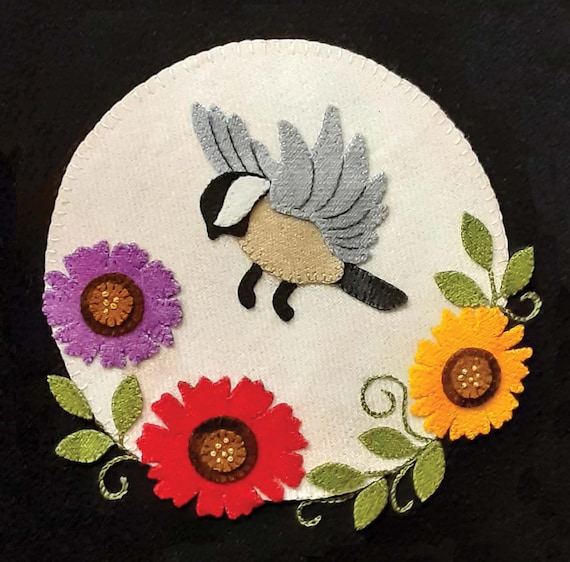 Chickadee and Gerbera Daisies Wool Applique digital pattern