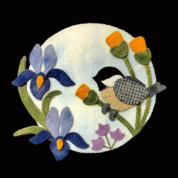 Chickadee and Irises Wool Applique digital pattern