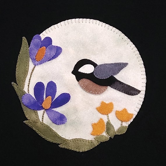 Chickadee and Crocuses Wool Applique Digital Pattern