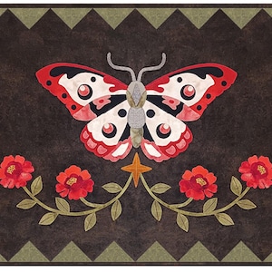 May include: A red and white butterfly with black markings is centered on a dark brown background. The butterfly is surrounded by four red flowers with green leaves and stems. The background has a green and brown geometric pattern.