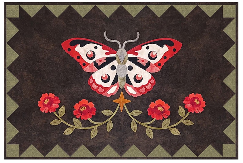 May include: A red and white butterfly with black markings is centered on a dark brown background. The butterfly is surrounded by four red flowers with green leaves and stems. The background has a green and brown geometric pattern.