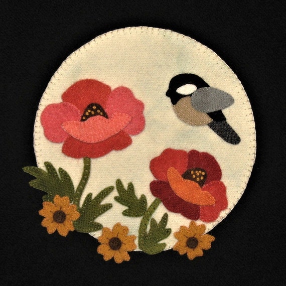 Chickadee and Poppies Wool Applique digital pattern
