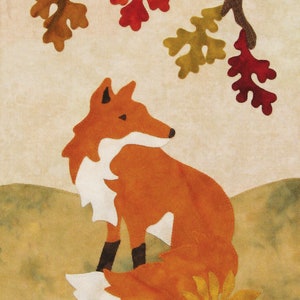 May include: A brown fox with a white chest and tail sits in a field of yellow sunflowers. The fox is looking to the right. A brown branch with red and green leaves hangs above the fox.