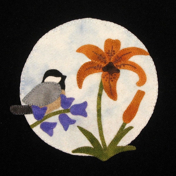 Chickadee and Tiger Lilies Wool Applique digital pattern