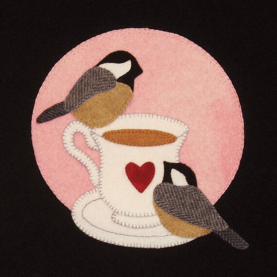 Tea for Two Chickadee Wool Applique digital pattern