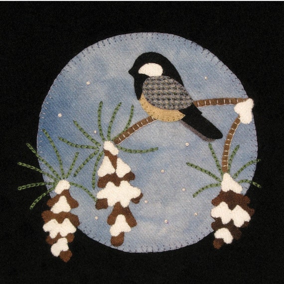 Chickadee and Pine Cone Wool Applique Digital Pattern
