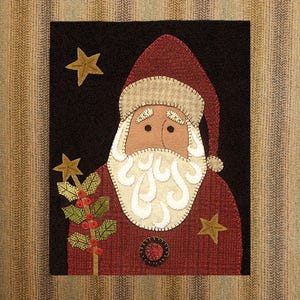 May include: A felt appliqué of Santa Claus with a red hat, white beard, and red suit. He is holding a holly sprig with red berries and a gold star. There are two gold stars in the background.